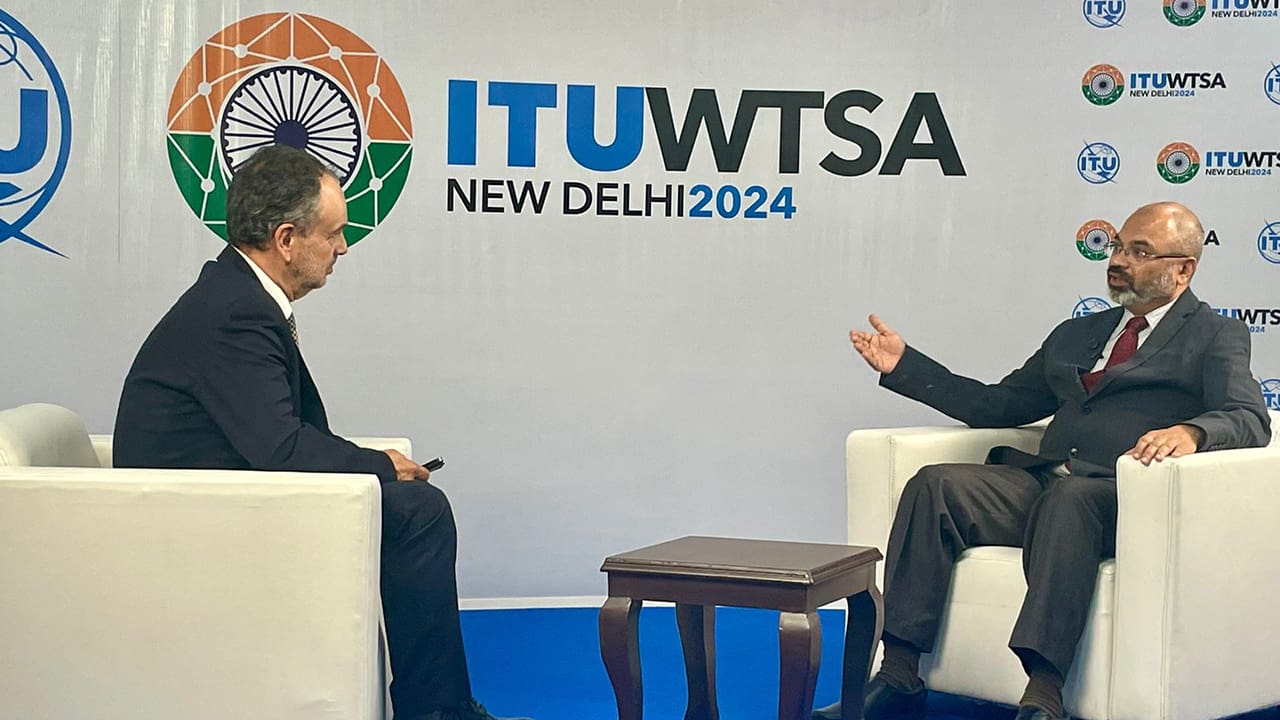 Sri Chandrasekaran of IEEE SA doing an interview at World Telecommunication Standardization Assembly (WTSA-24).