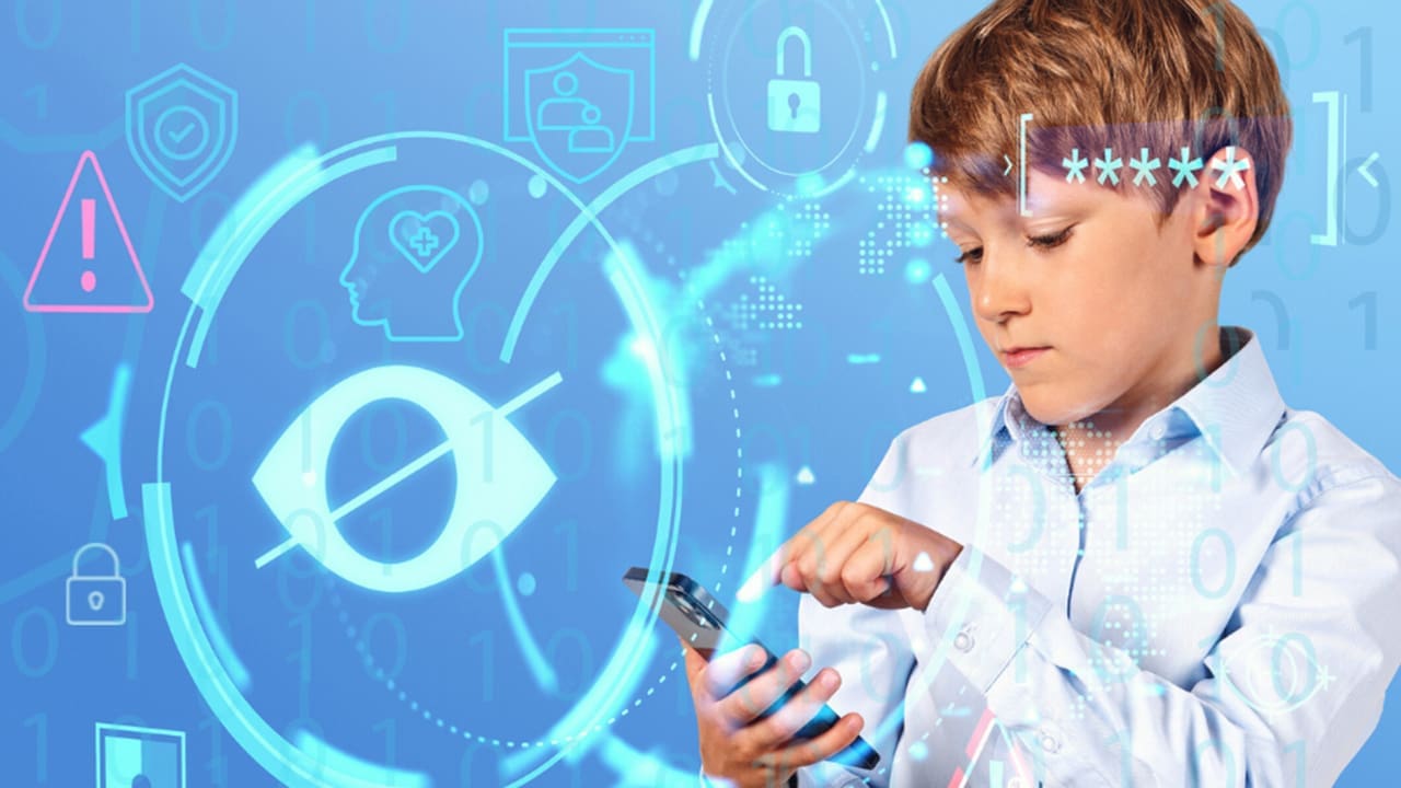 Composite image of a child using a smart device, surrounded by technological symbols.