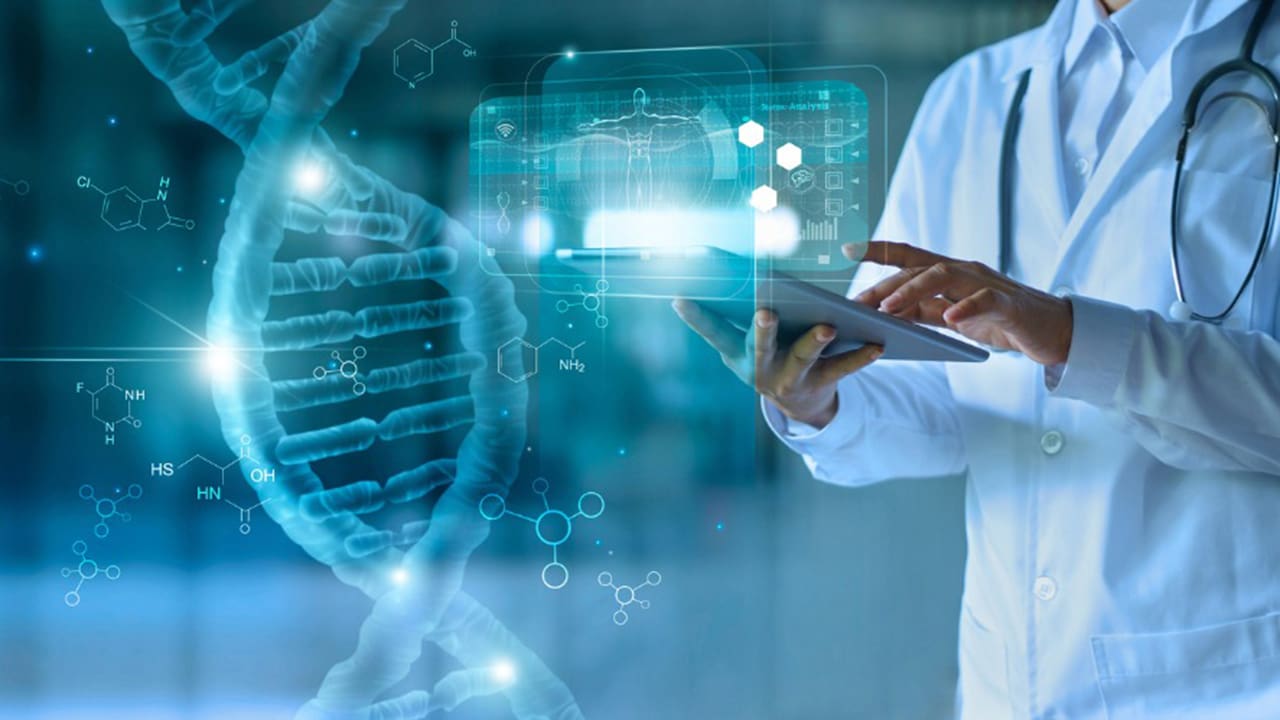 A single DNA strand emerging from a tablet device that a doctor is using.