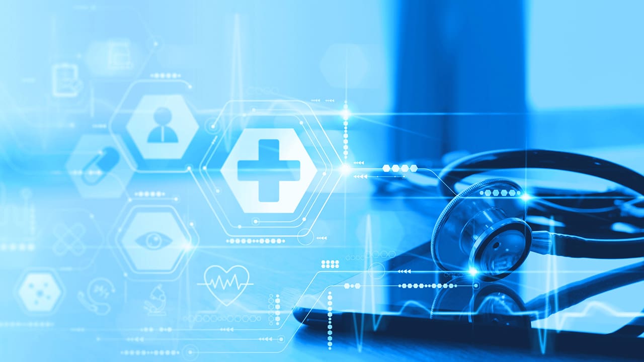 Medical icons next to a stethoscope.