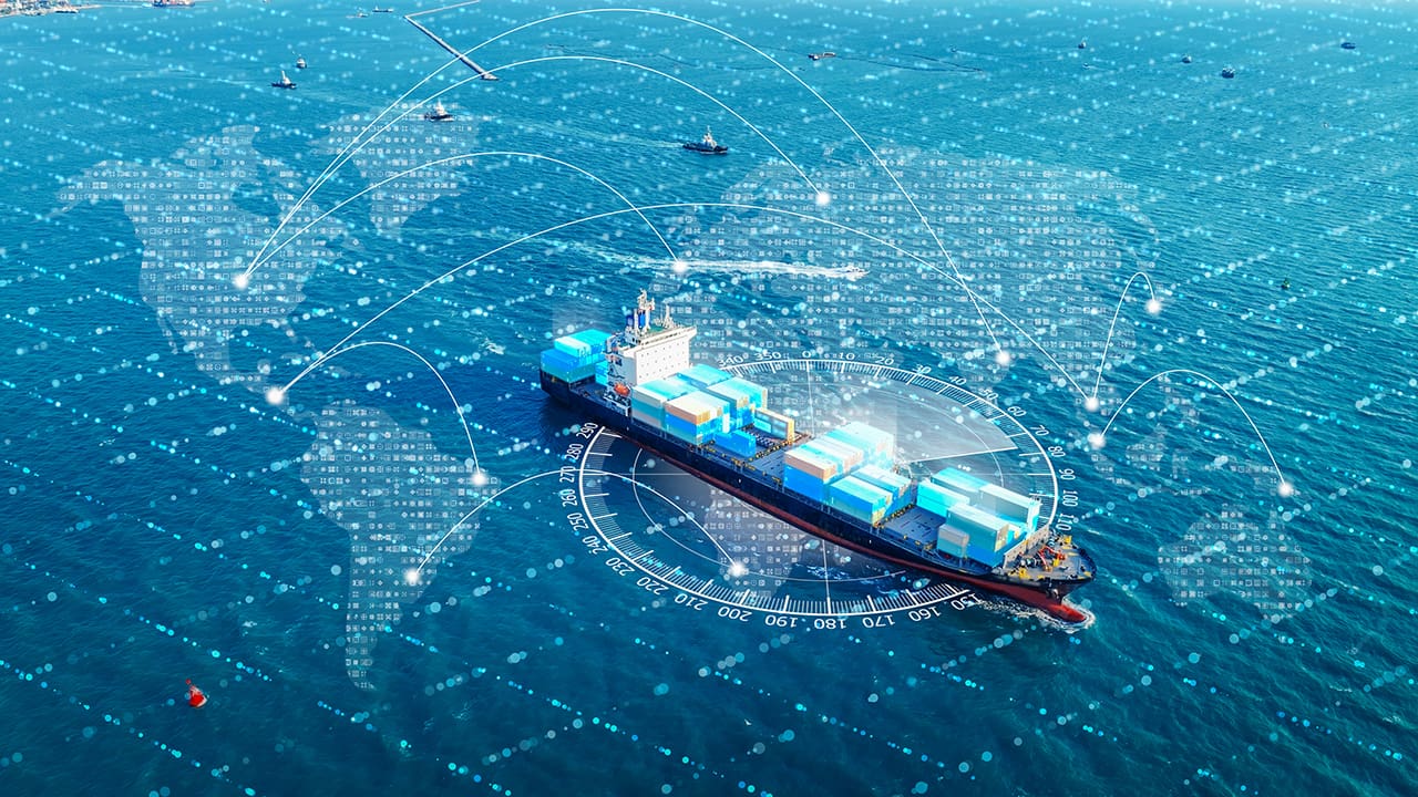 Image of a ship juxtaposed against an image of the world map.