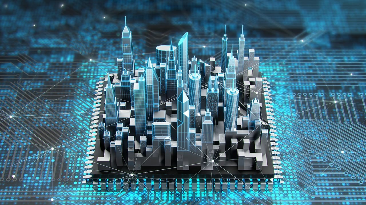 A 3D illustration of a city on a computer chip.